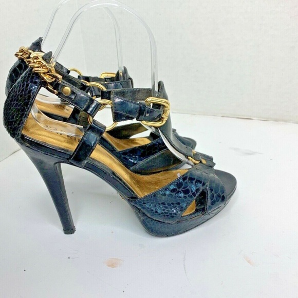 Paprika Womens Sz 8 Black with Gold 5 in heels Shoes Chain Back Textured - Picture 3 of 5